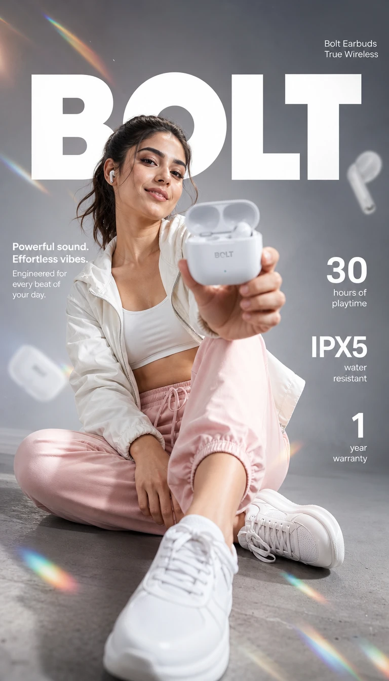 Young woman presents wireless earbuds in a relaxed studio pose