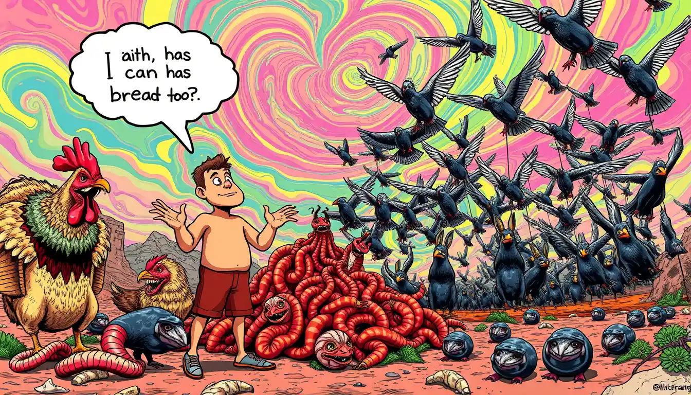 A surreal figure stands among mutated chickens and rabbit faced worms
