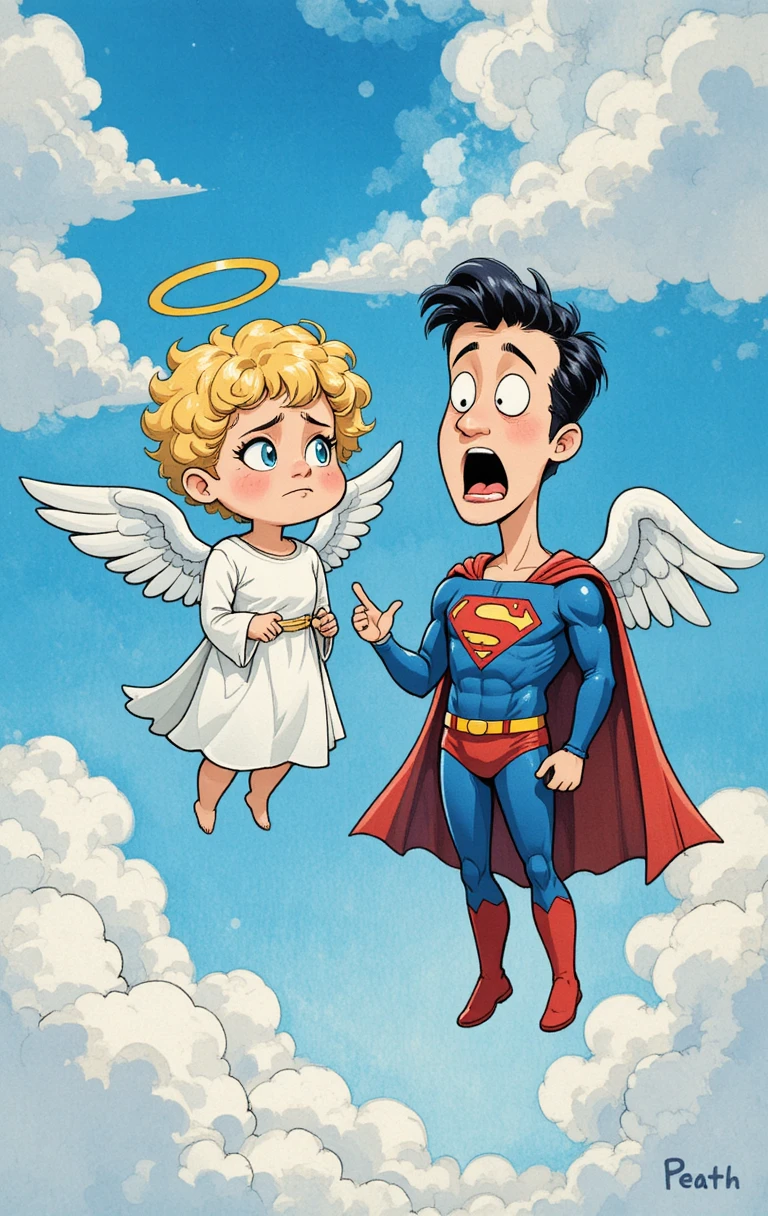 Un ángel y un superhéroe alado flotan entre nubes en un cielo cómico