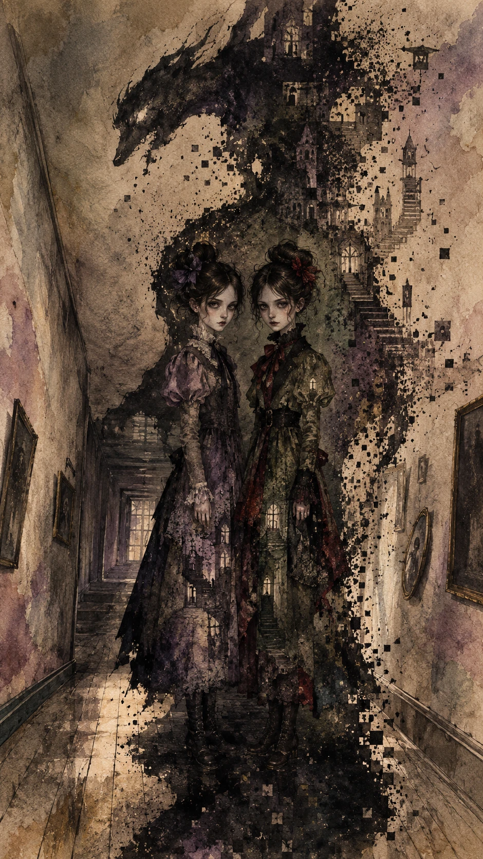 Gothic twins stand motionless in a crooked hallway