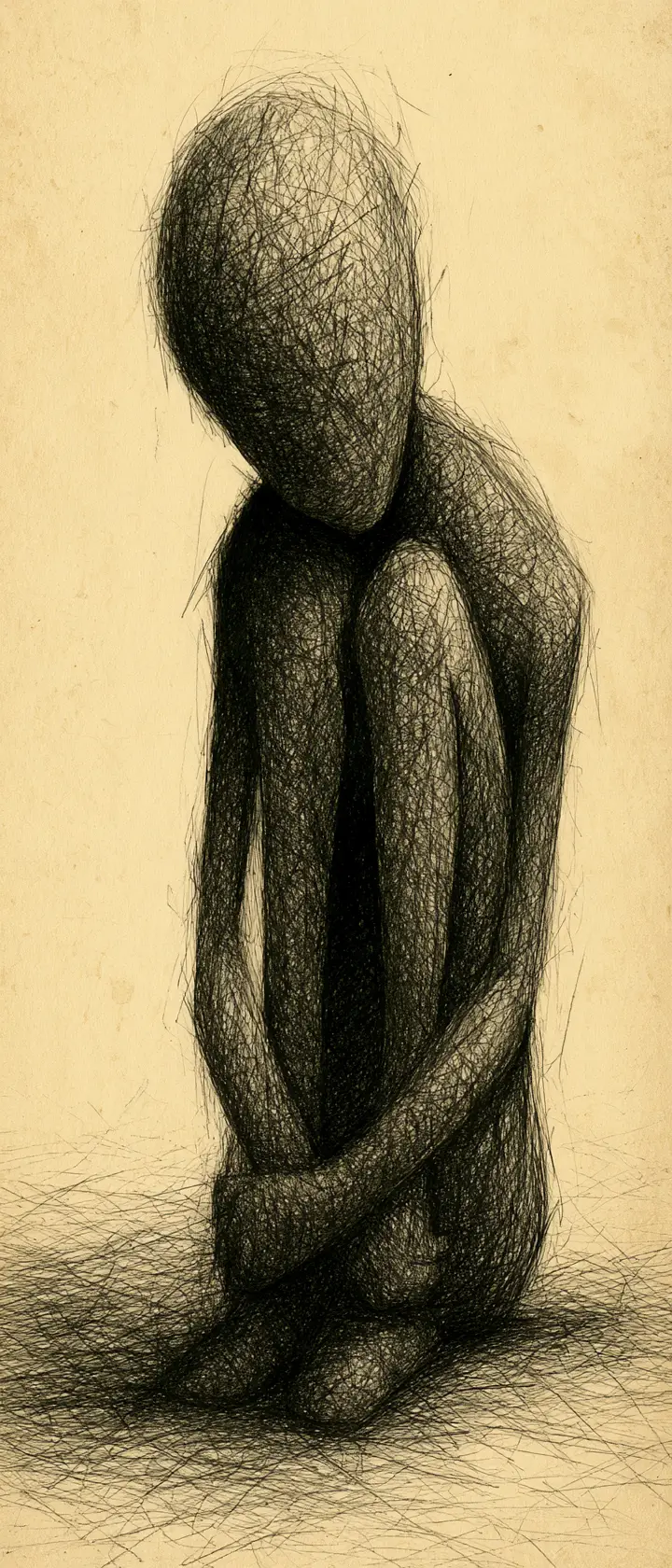 A Faceless Figure Sits Alone With Knees Drawn Close in Despair