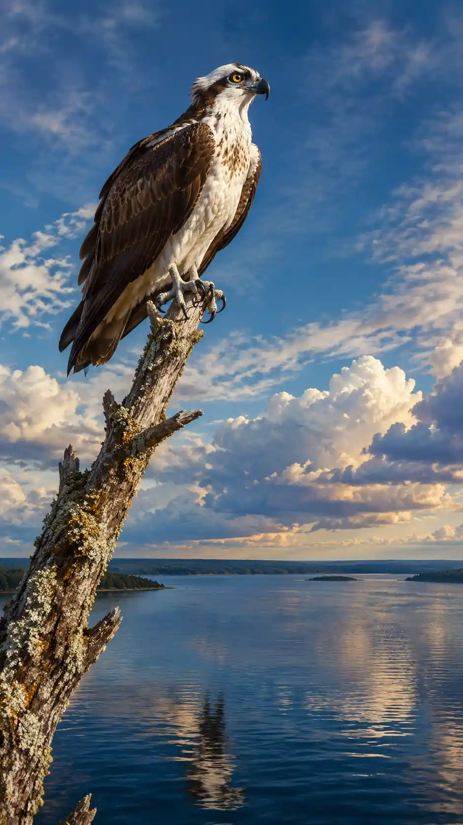 An osprey perched above a vast lake on a weathered branch