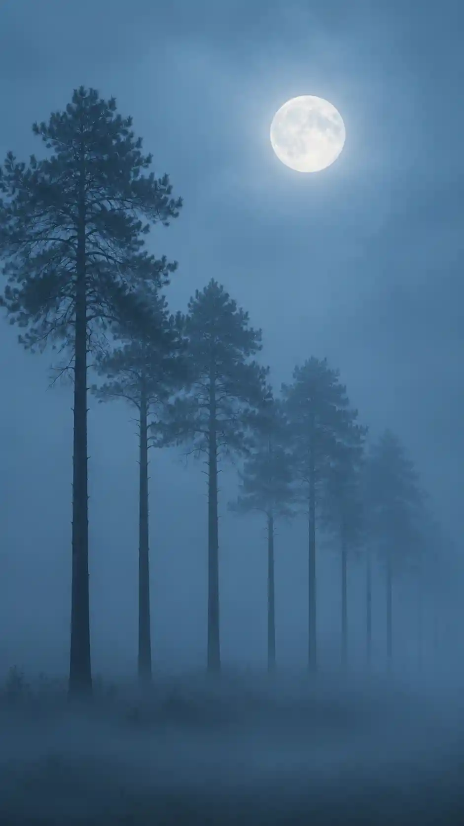 Alti pini svettano nella nebbia sotto una luminosa luna piena