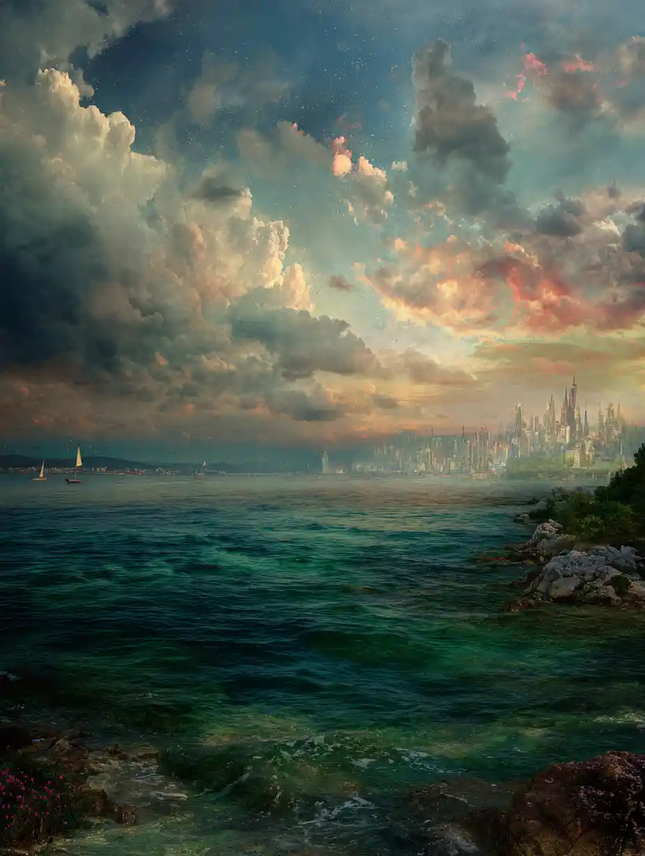 A surreal cityscape sits beneath a soft spectral haze