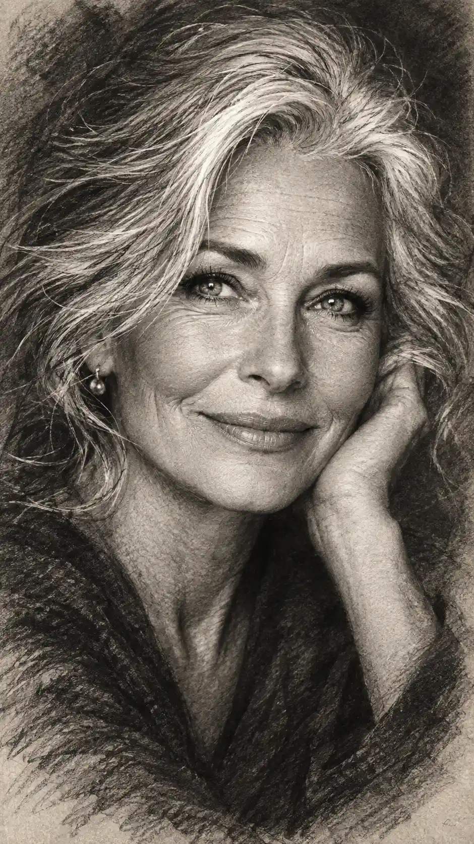 A silver-haired older woman smiles in an expressive charcoal portrait
