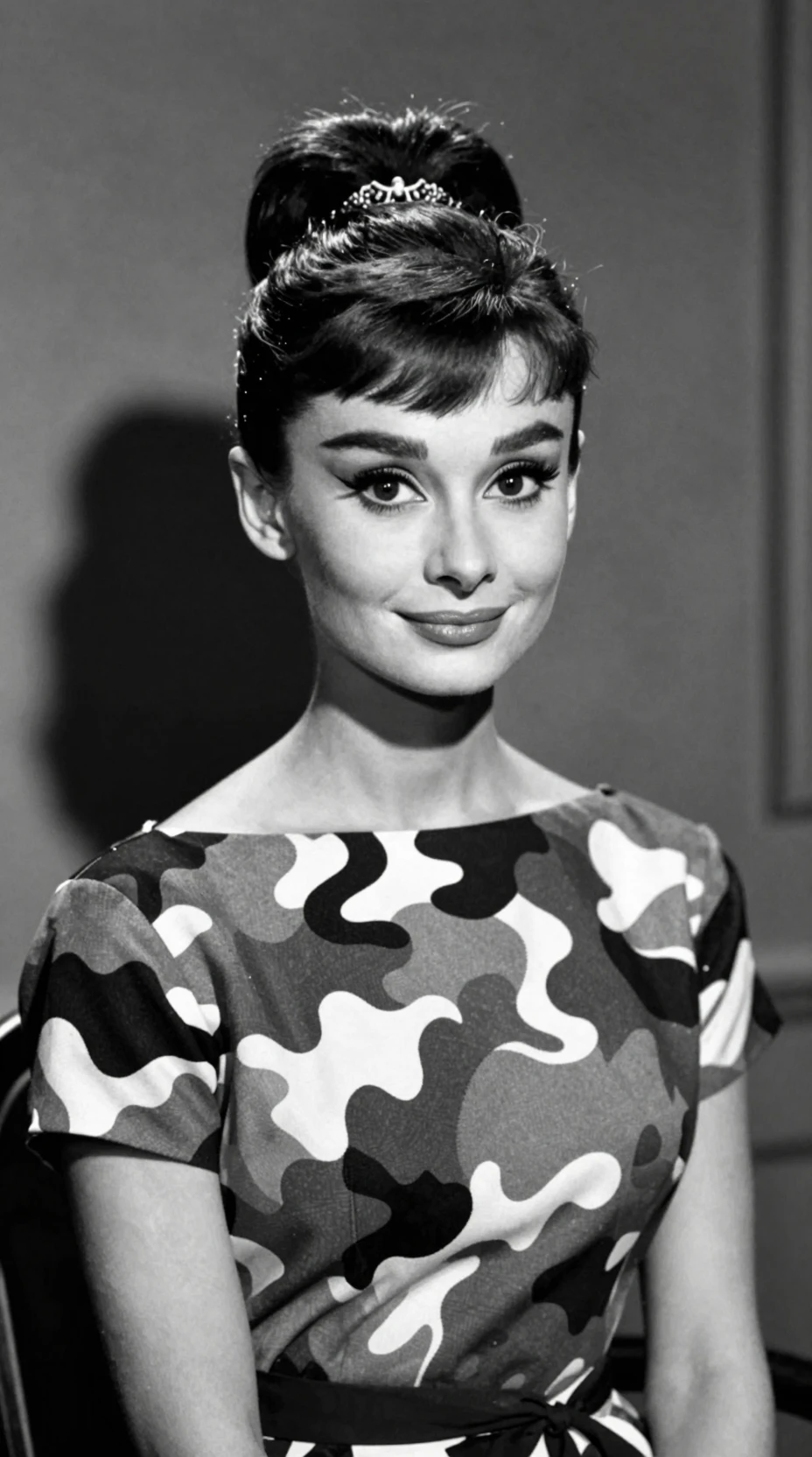Retrato de Audrey Hepburn sonriente con un vestido de cuadros