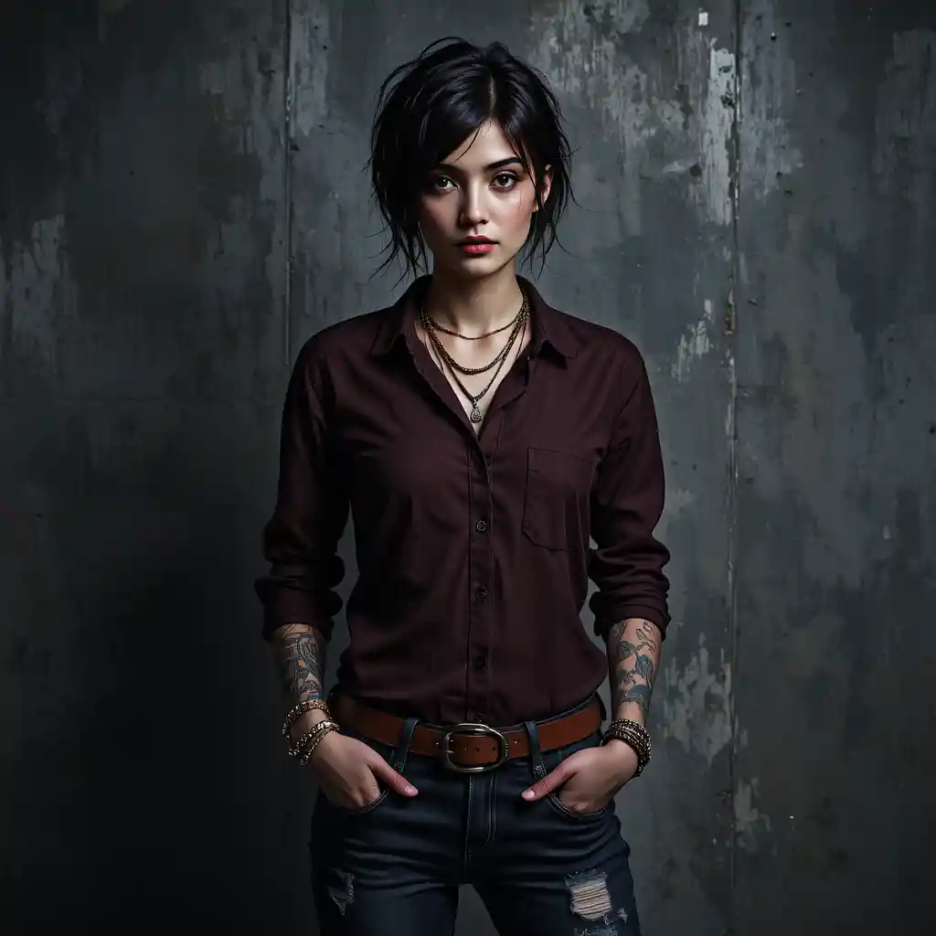 A tattooed woman poses in a burgundy shirt against concrete