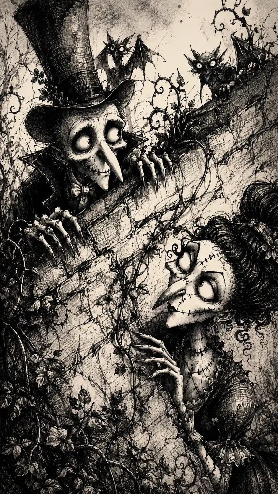 A Skeleton Gentleman and Stitched Neighbor Spy Across a Crooked Garden Wall