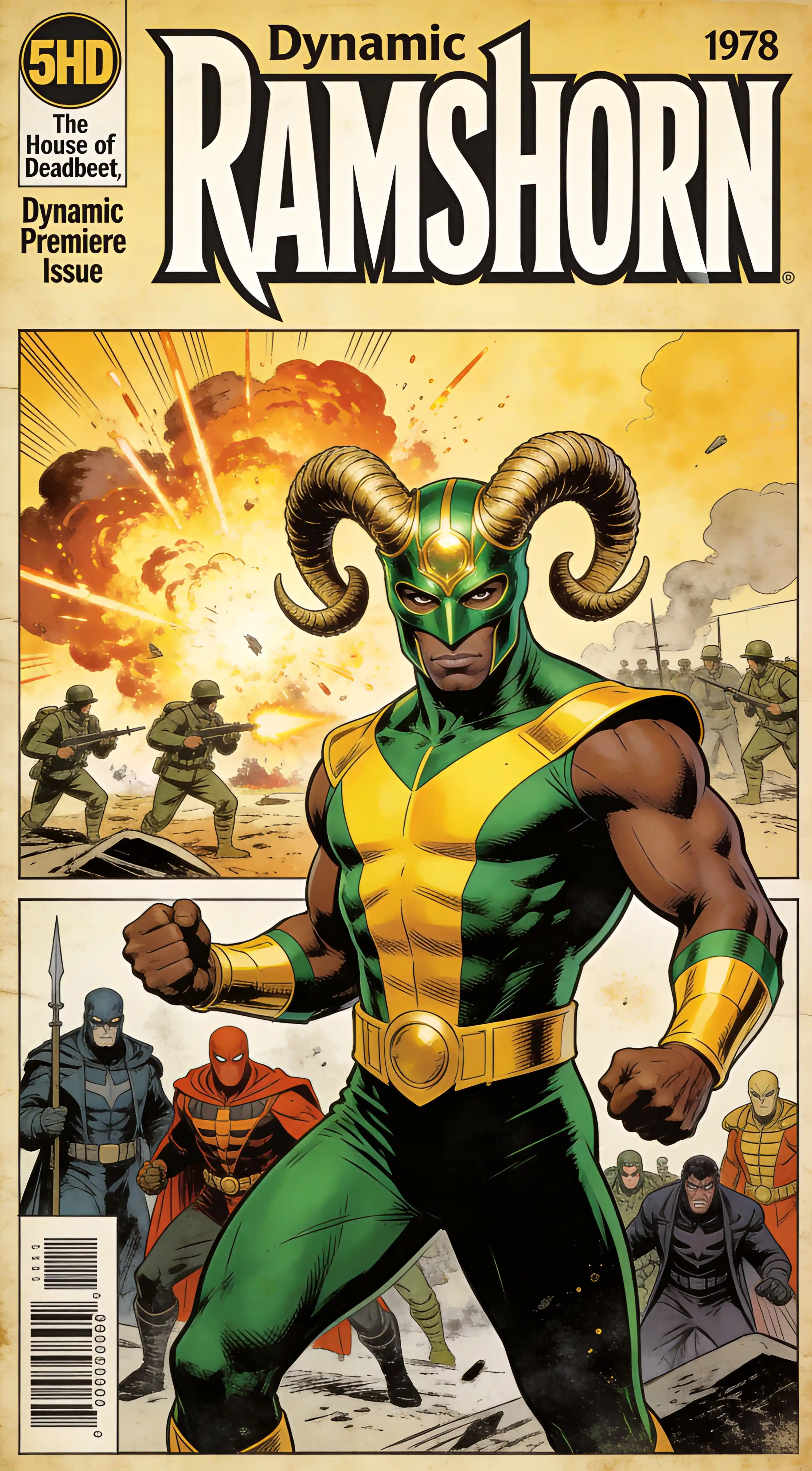 A Horned Superhero in a Dramatic Vintage Comic Book Cover