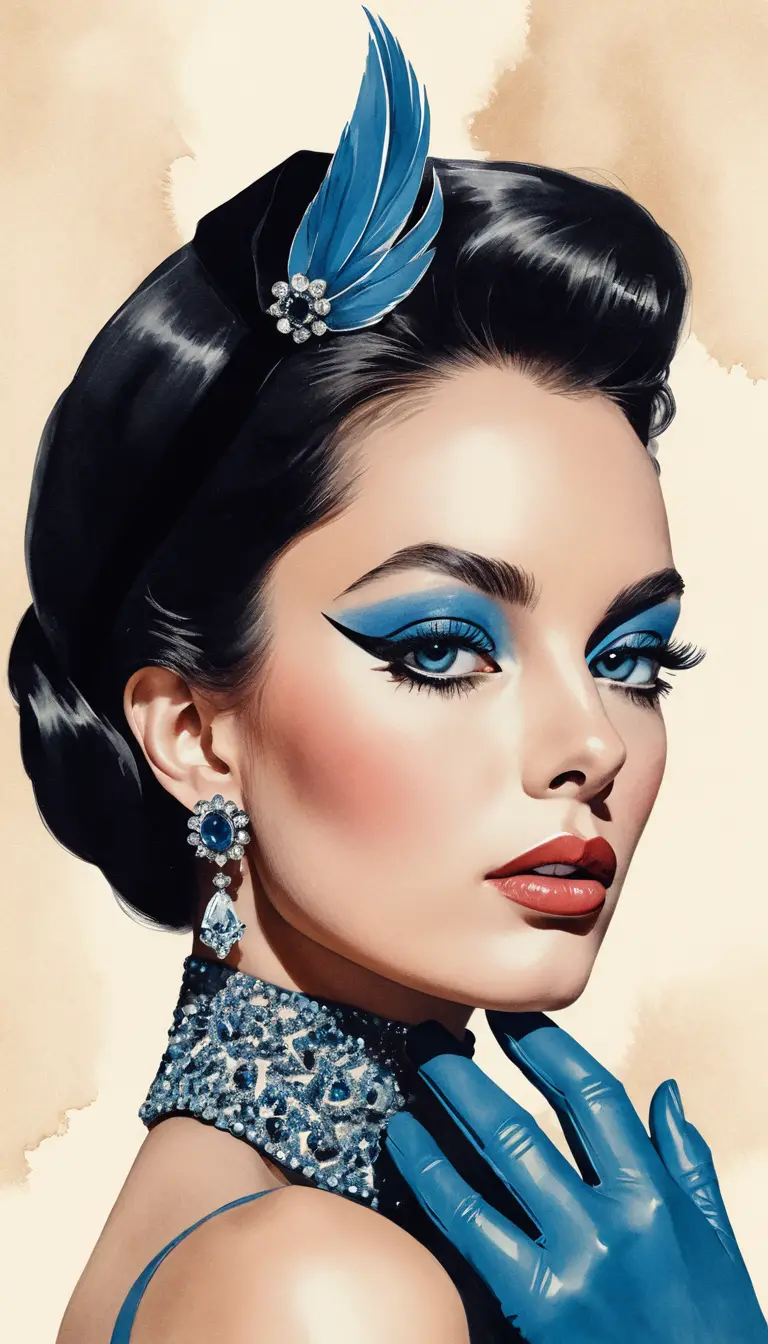 魅惑女性的復古肖像，搭配上揚眼線與藍色眼影