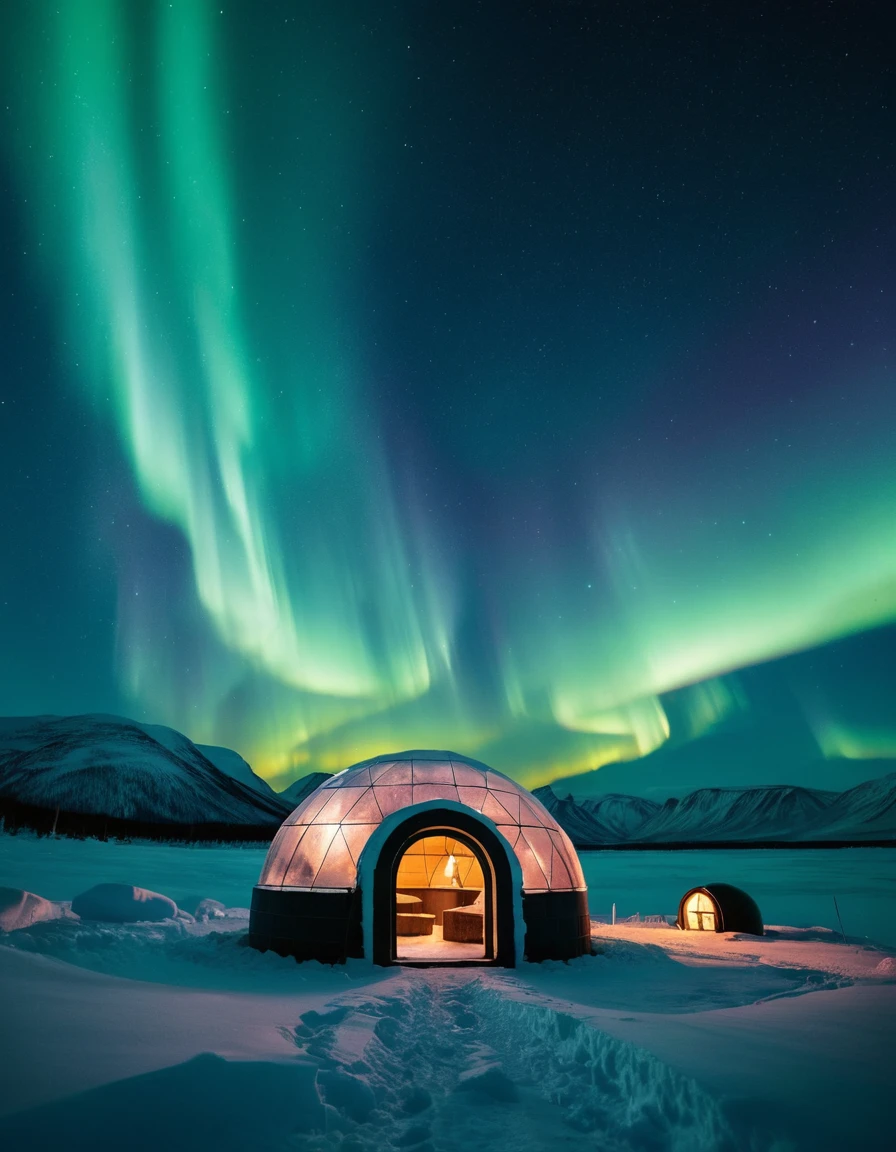 Shimmering northern lights crown a snowy landscape with an igloo