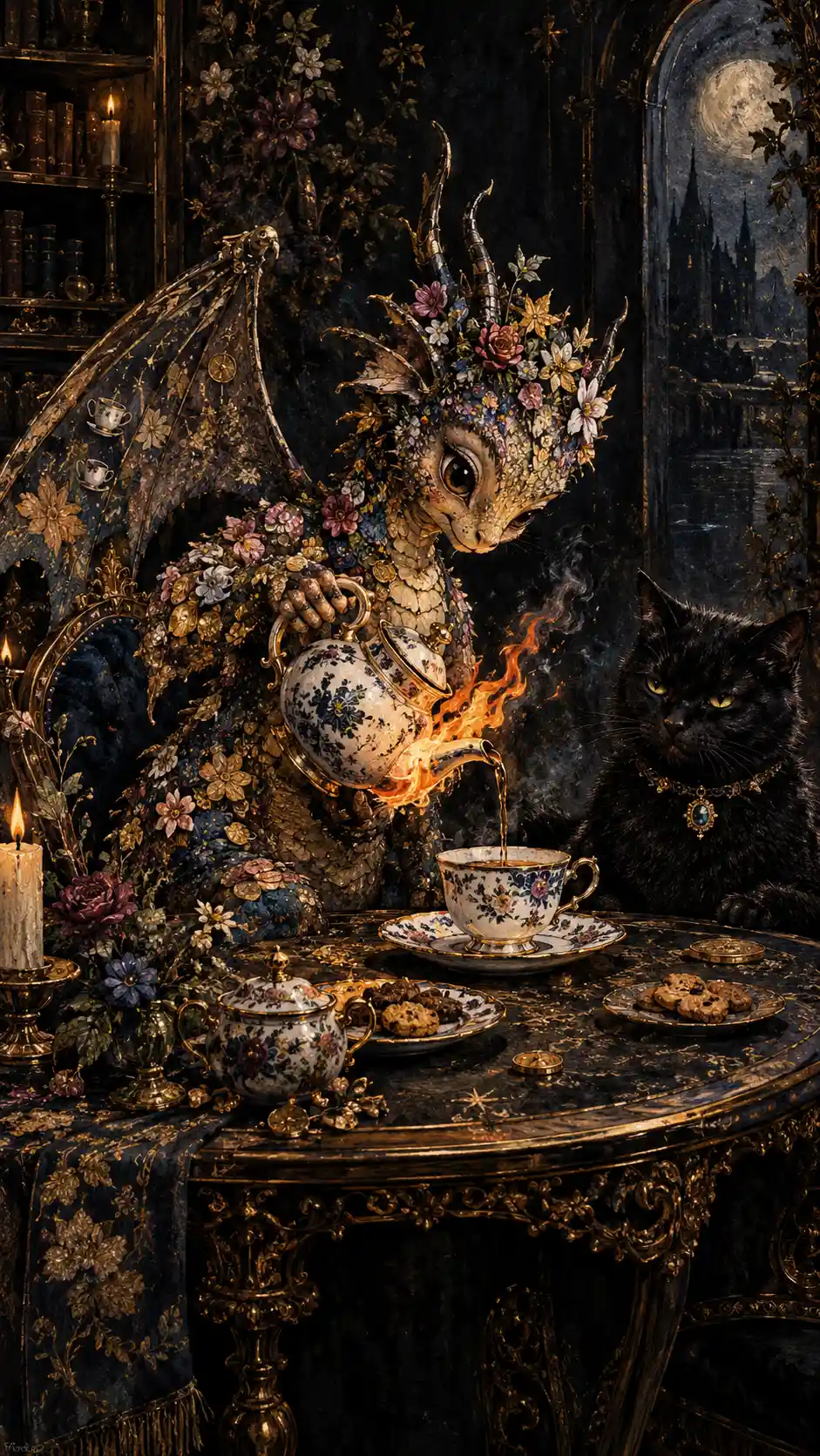 A tiny dragon pours tea at an ornate table with a flaming teapot
