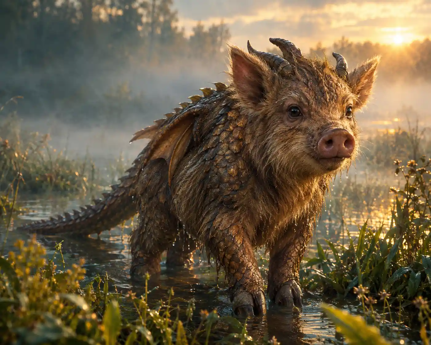 A young pig dragon emerges from a misty marsh at dawn