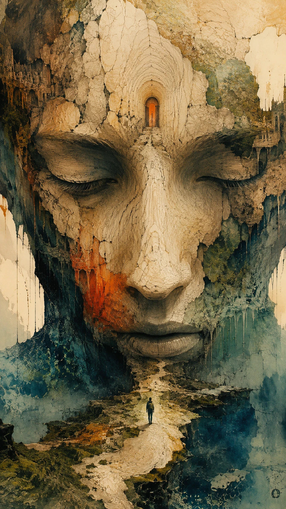 A colossal weathered face rises above a traveler approaching a doorway in its forehead