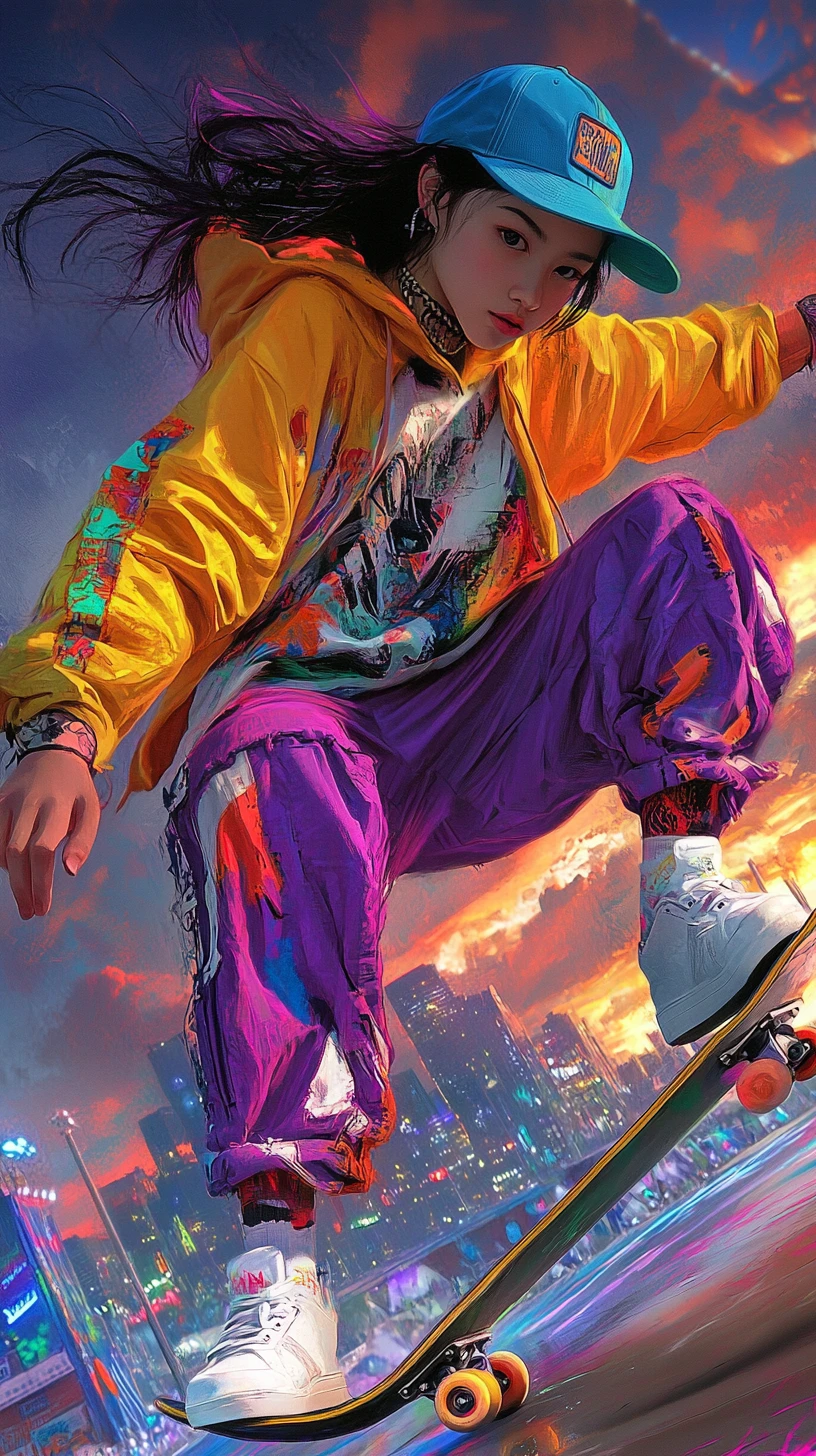 Anime skateboarder performs a trick at an urban skatepark at dusk