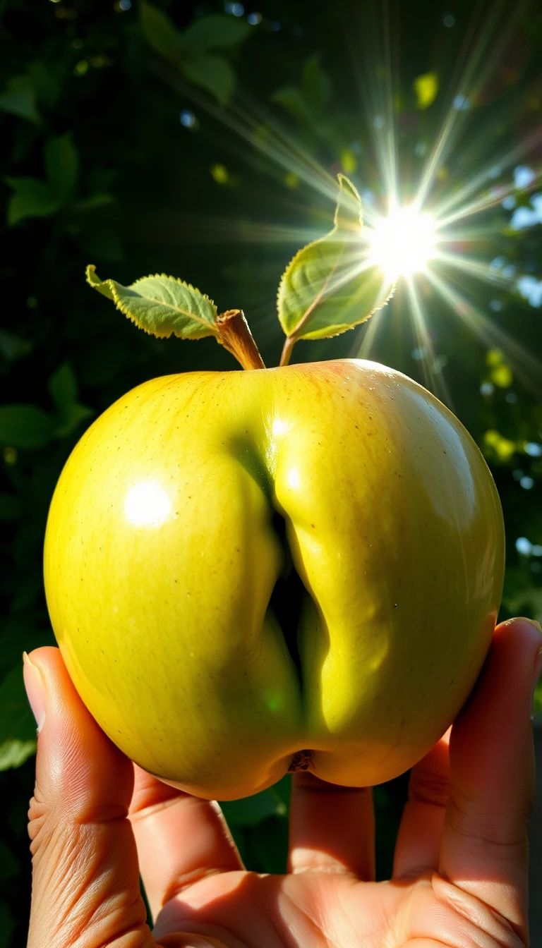 A heart-shaped green apple held in a hand against sunlit foliage