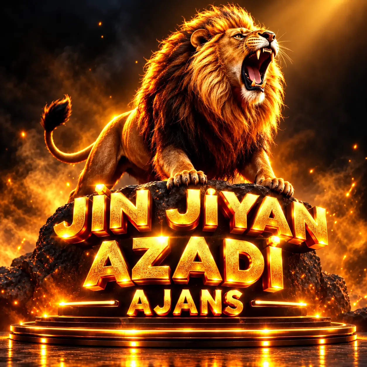 A three-dimensional lion roars beside flashing slogan text