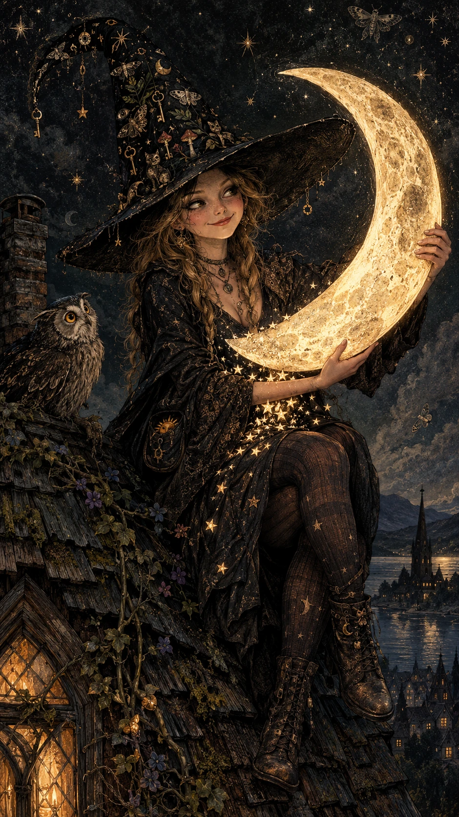 A Young Witch Steals the Crescent Moon from a Crooked Cottage Roof