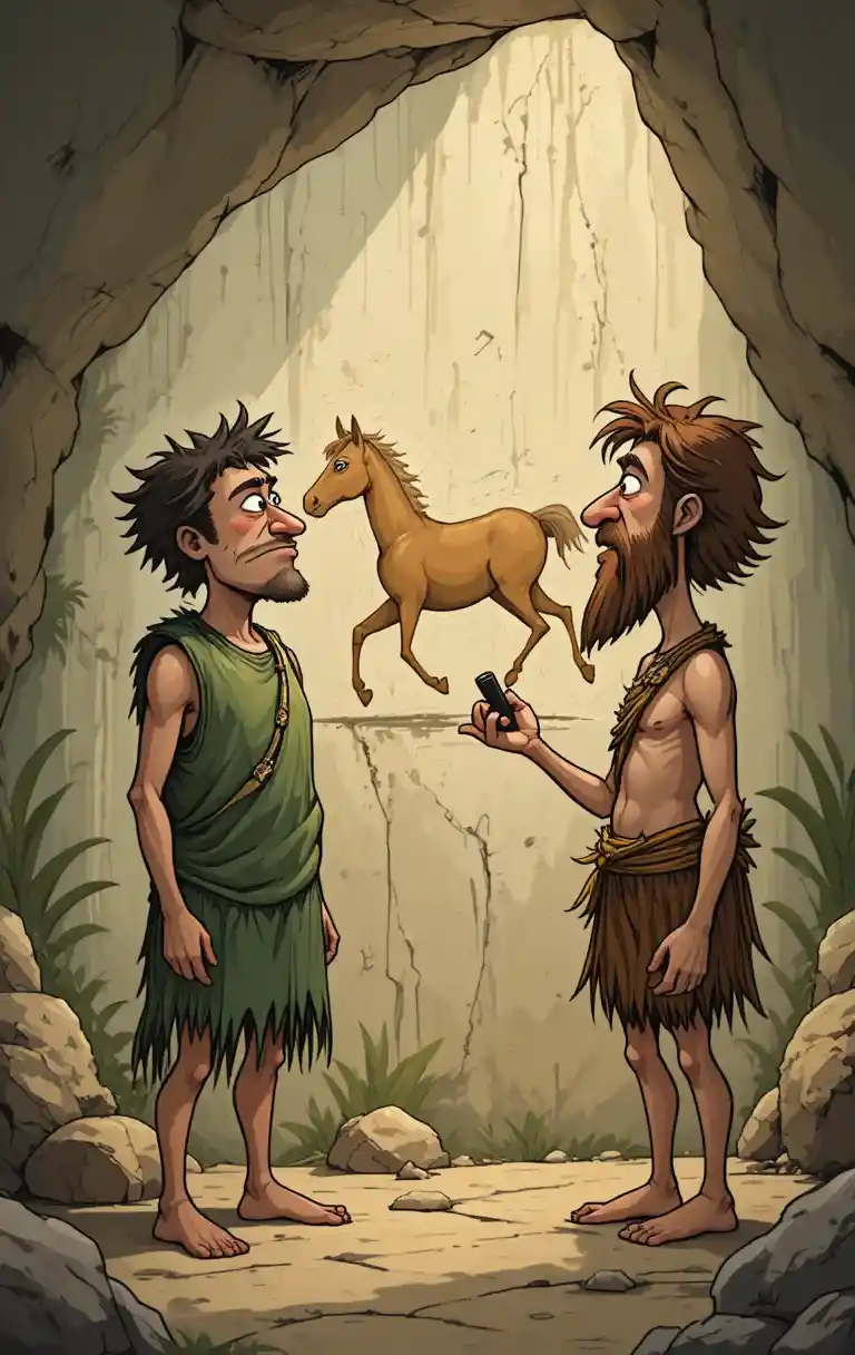 Cavemen admire a galloping horse in a prehistoric cave painting