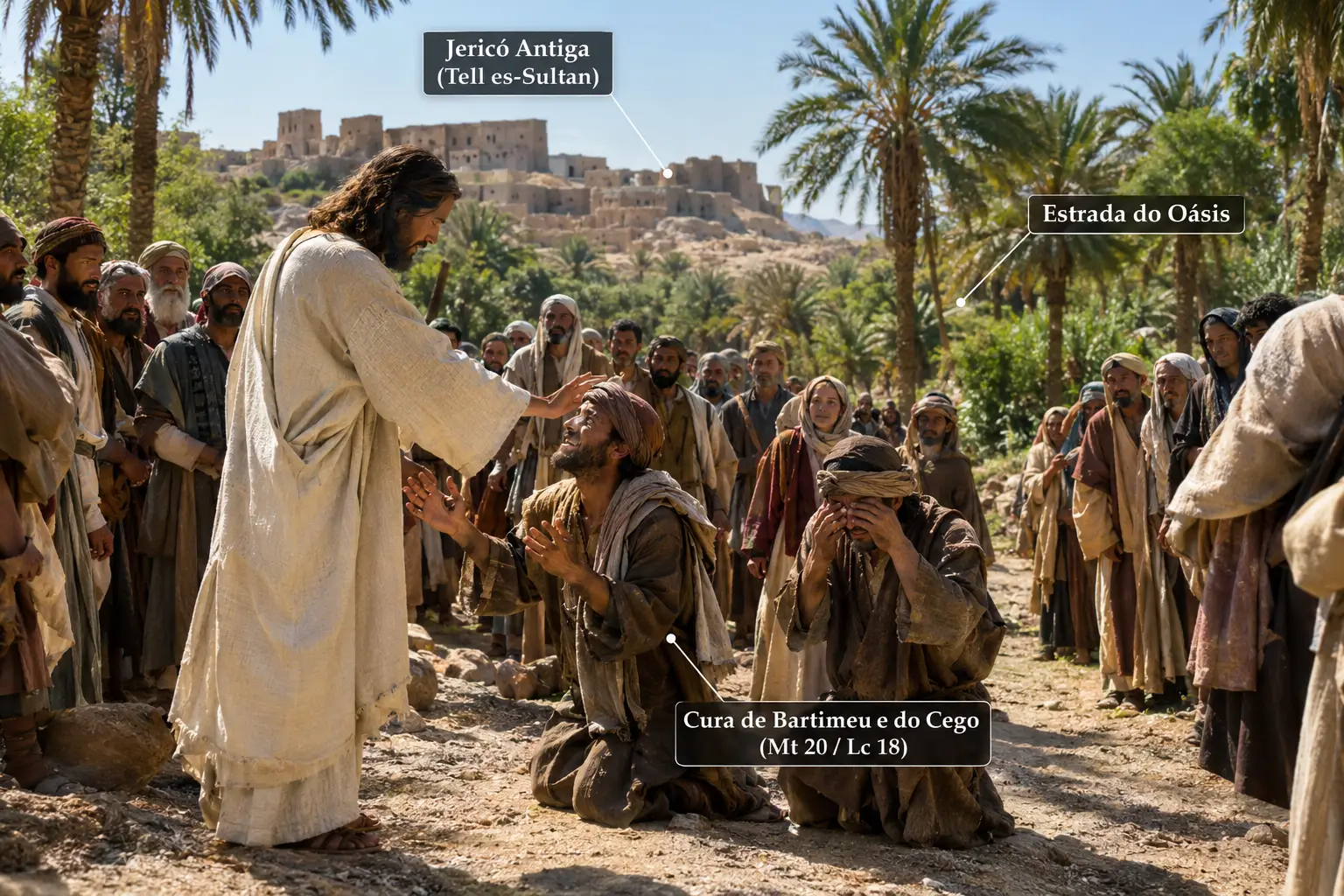 Jesus heals two blind men along an ancient oasis road