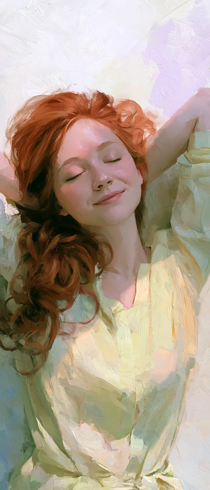 Red-haired woman reclines in a yellow shirt against a textured pastel background