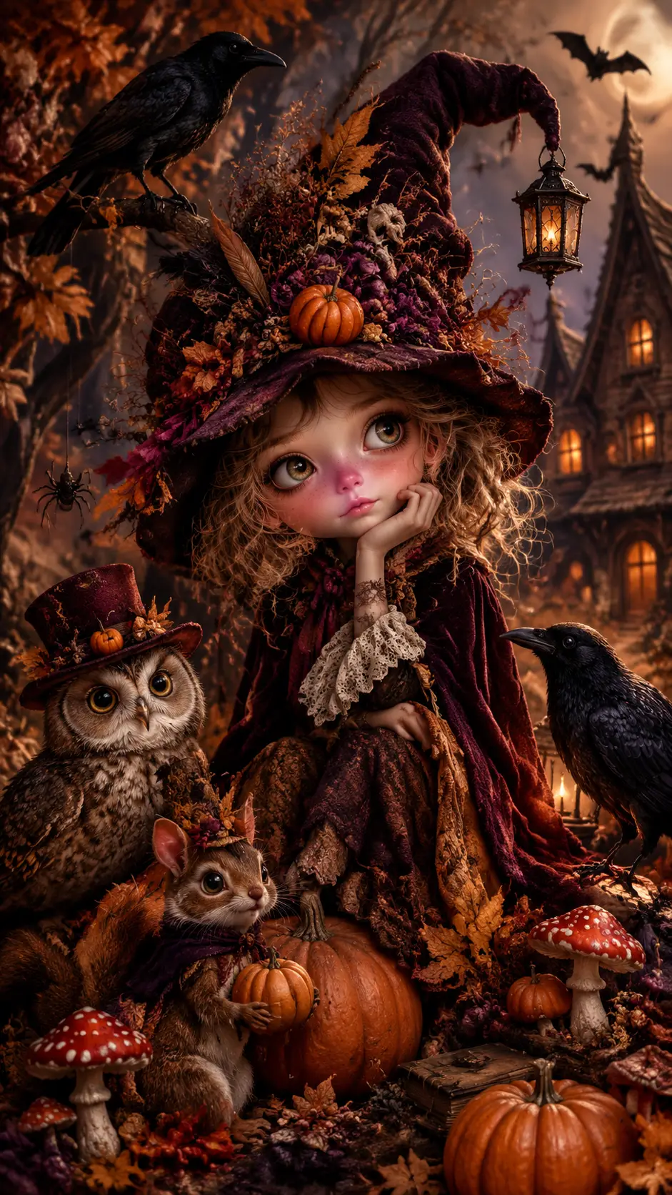 Whimsical woodland folk in a gothic autumn fantasy