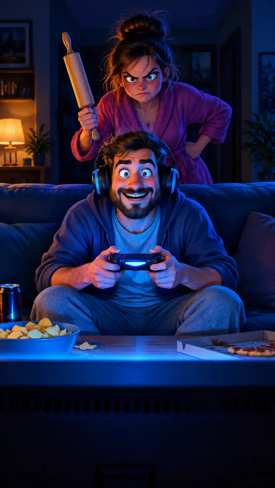 A relaxed man plays video games as his angry wife stands behind him