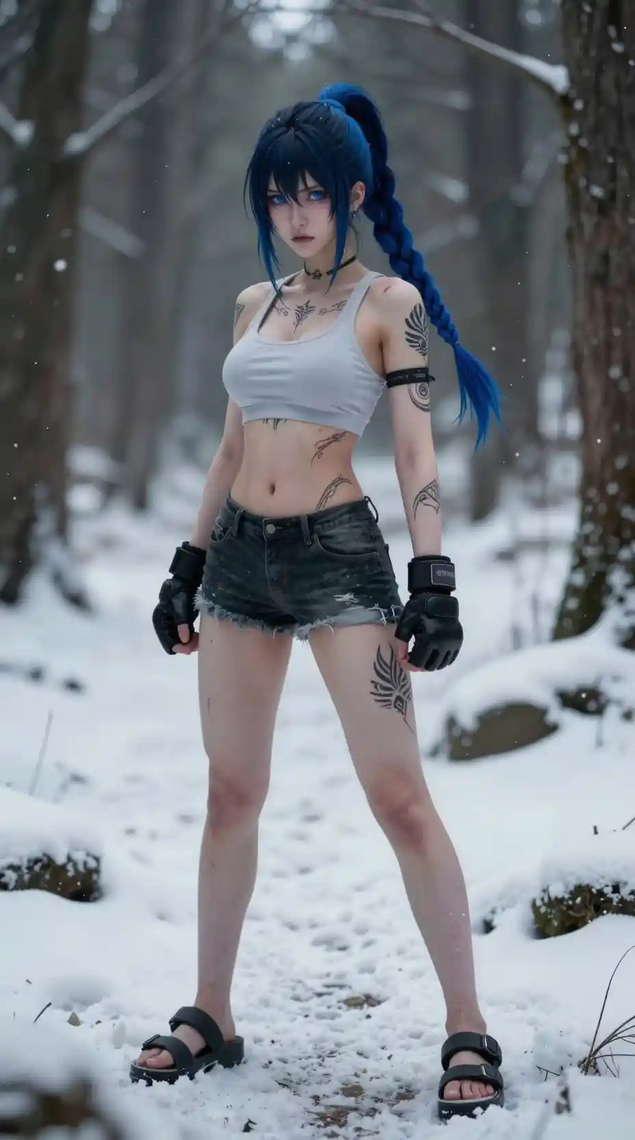 Anime warrior princess stands amid a serene winter forest