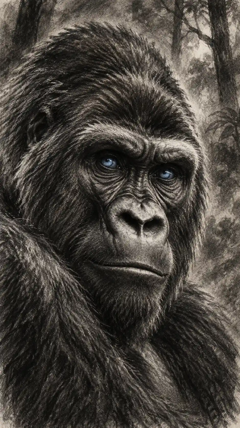 A fierce gorilla portrait with blue eyes in expressive charcoal