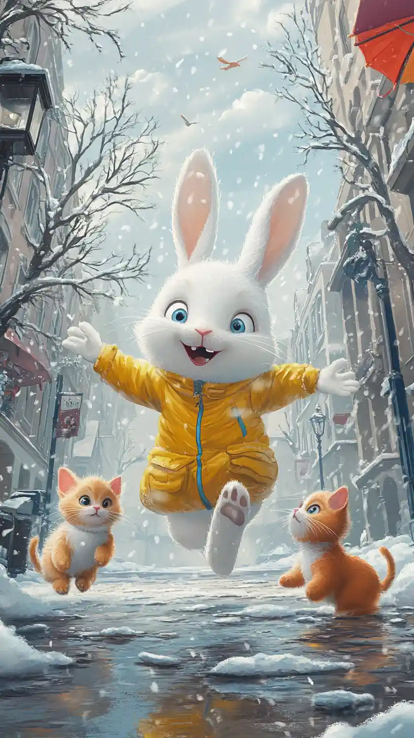 A cheerful rabbit in a yellow jacket strides through a snowy street