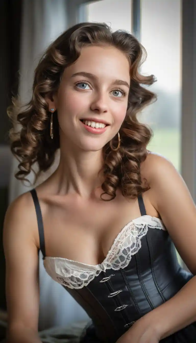 Una donna elegante si riposa in un prato bagnato di rugiada all'alba