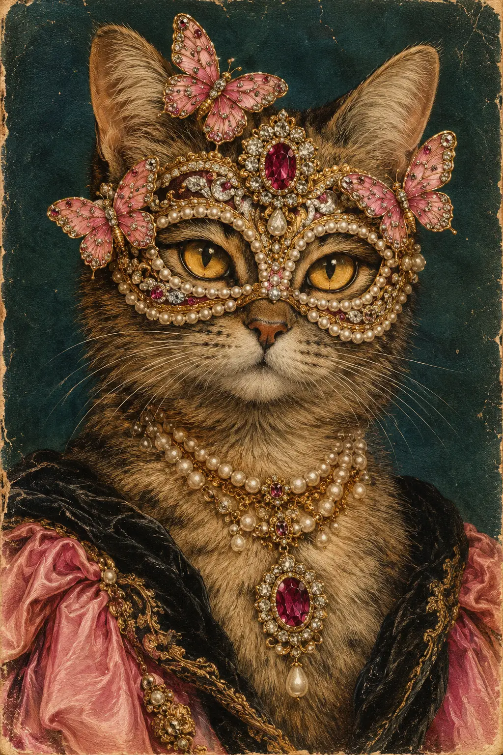 A jeweled masquerade cat portrait with butterflies and an ornate ruby mask