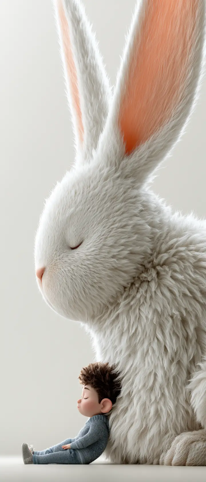 A tiny child finds comfort beside a giant fluffy white rabbit
