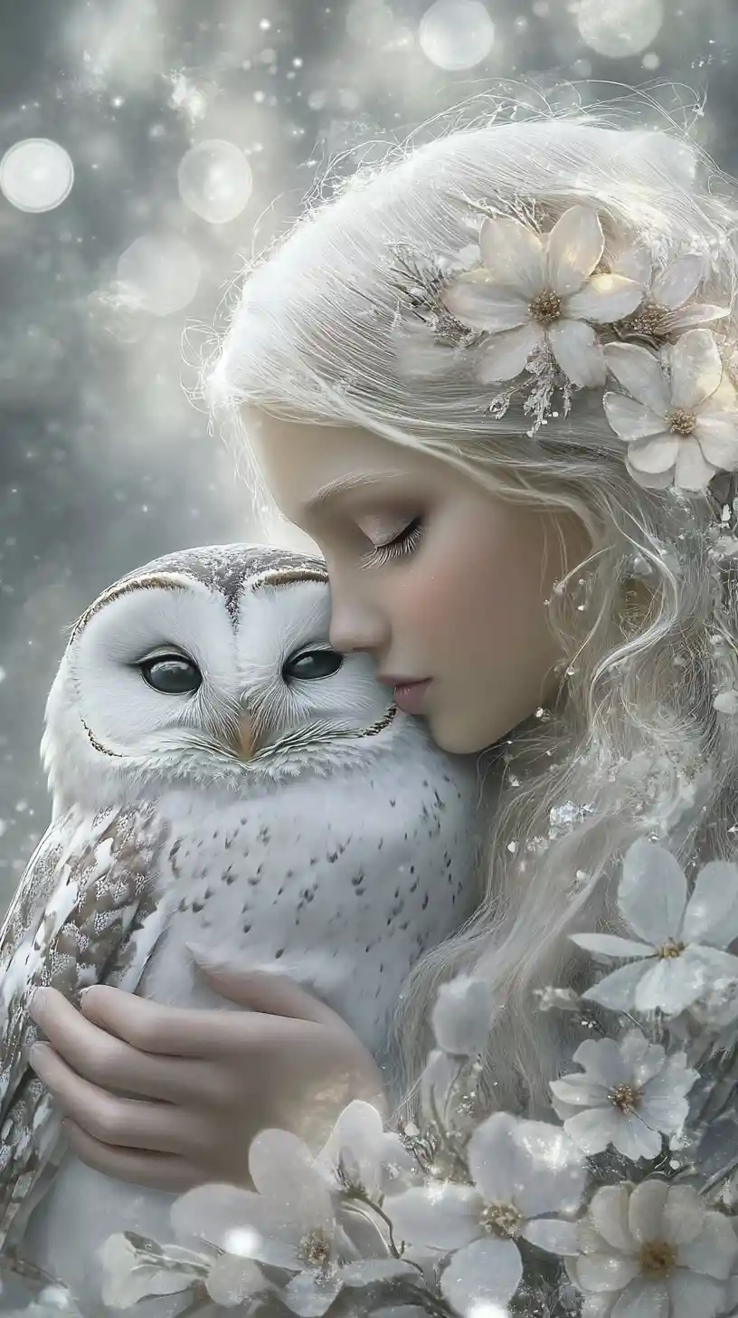 A Winter Fairy Snuggles Close With Her Snowy Owl