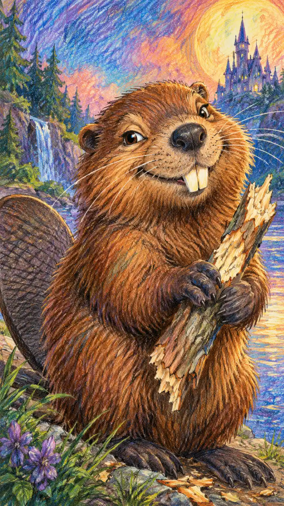 A whimsical beaver portrait drawn in expressive colored pencil lines