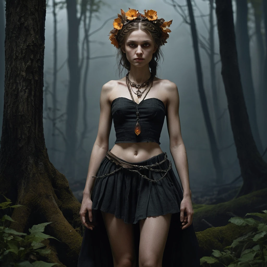 Una joven bruja bajo una luna inmensa en un bosque sombrío