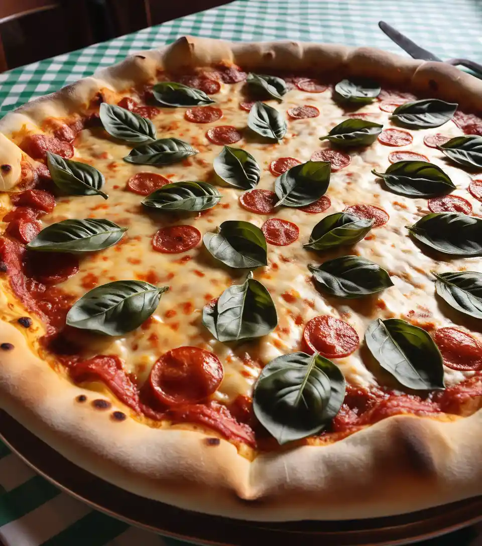 Freshly baked pepperoni pizza steams on a checkered tablecloth in a trattoria