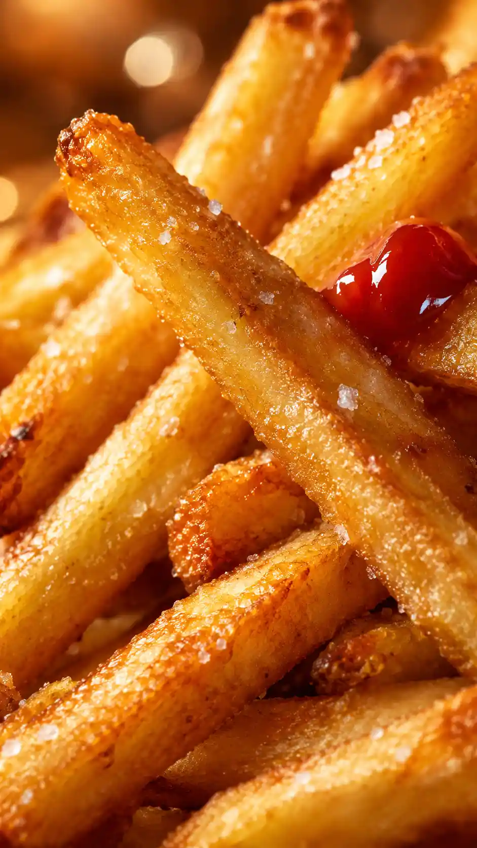 Golden fries with sparkling salt and a bright ketchup droplet
