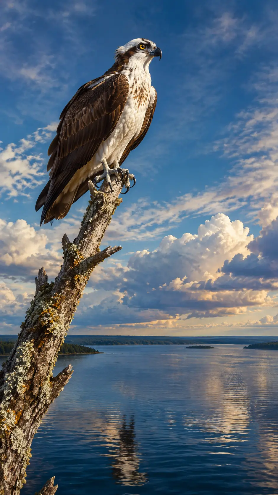Un águila pescadora posada en una rama envejecida sobre un vasto lago