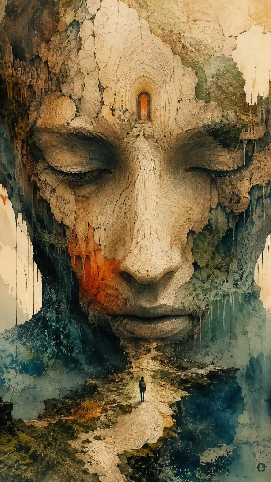 A colossal weathered face rises above a traveler approaching a doorway in its forehead