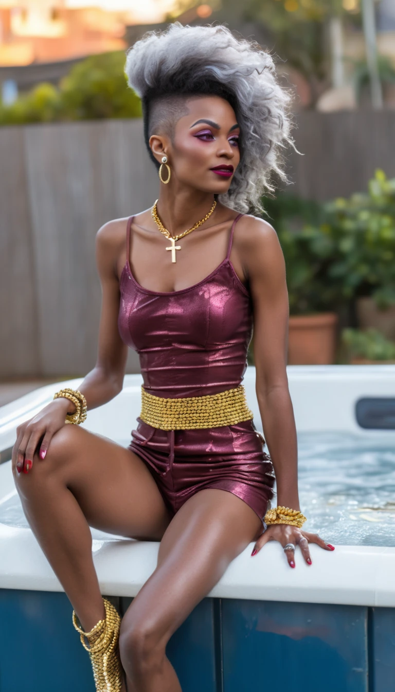 Mujer africana en una bañera de hidromasaje, enmarcada por un cálido resplandor bokeh