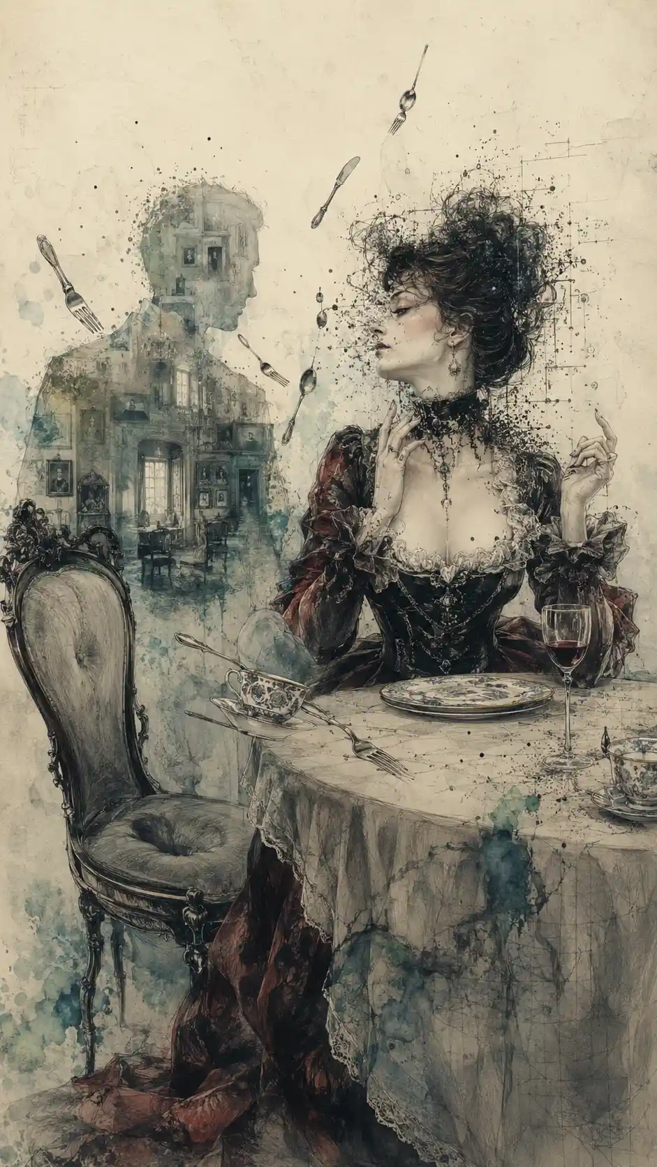 A Victorian woman shares dinner with an invisible ghostly spouse