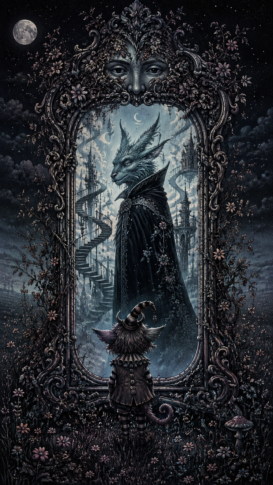 A tiny creature faces an antique mirror with a vast, strange reflection