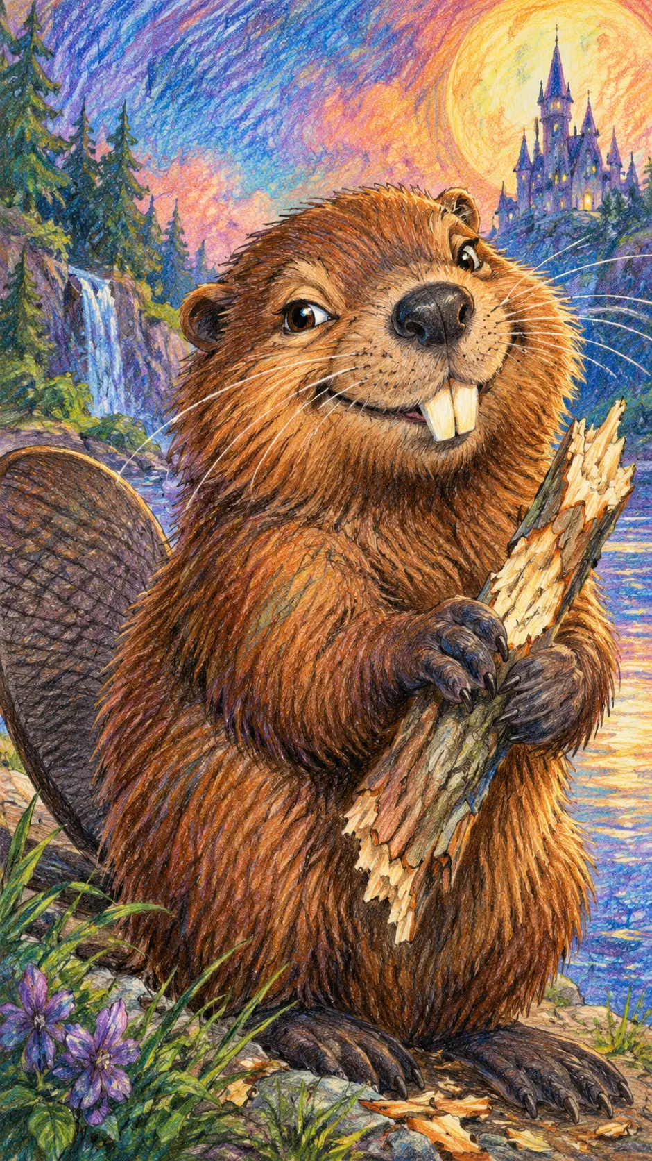 A whimsical beaver portrait drawn in expressive colored pencil lines