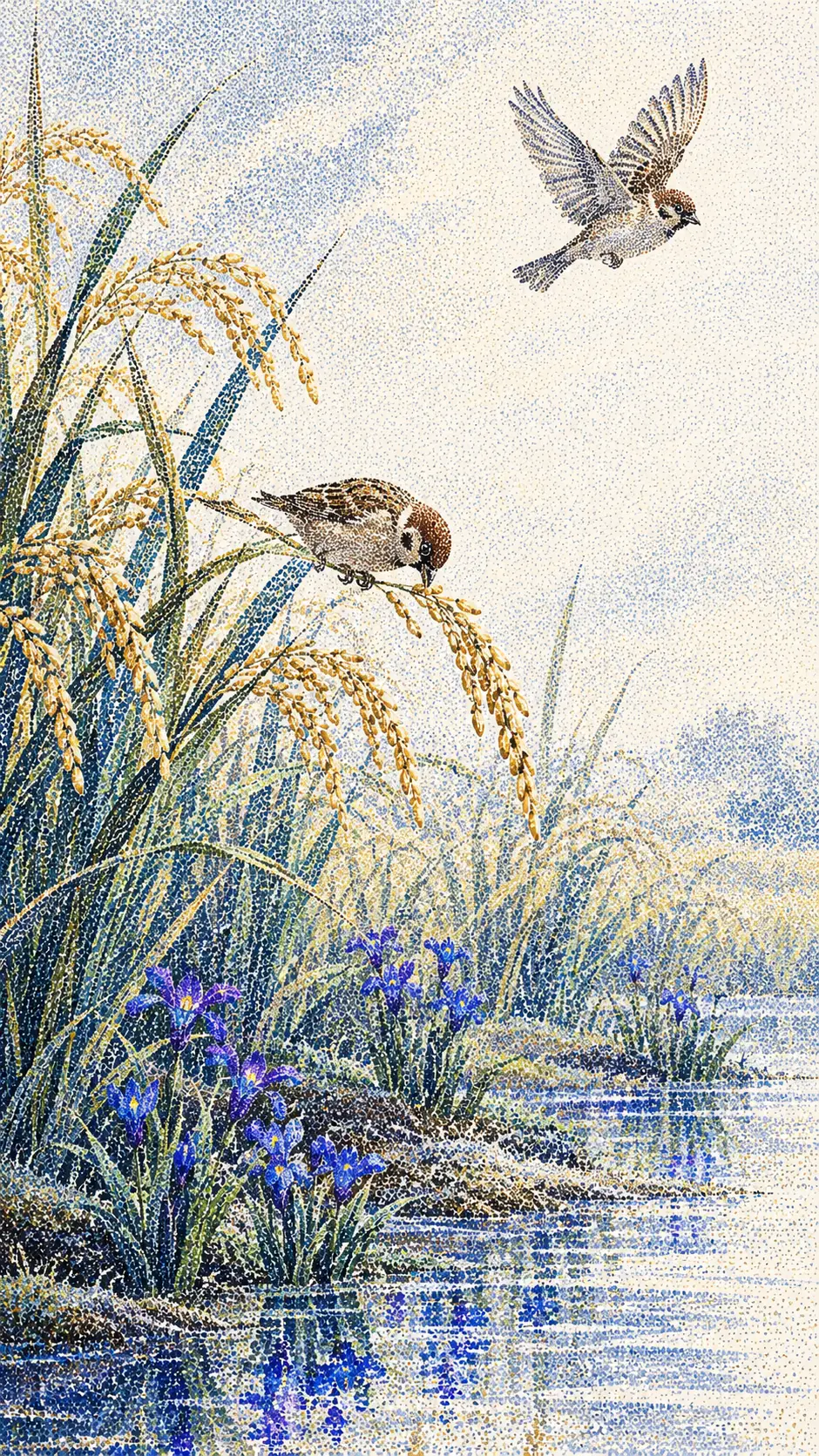 A Sparrow Bends a Rice Stalk in a Delicate Stippled Scene