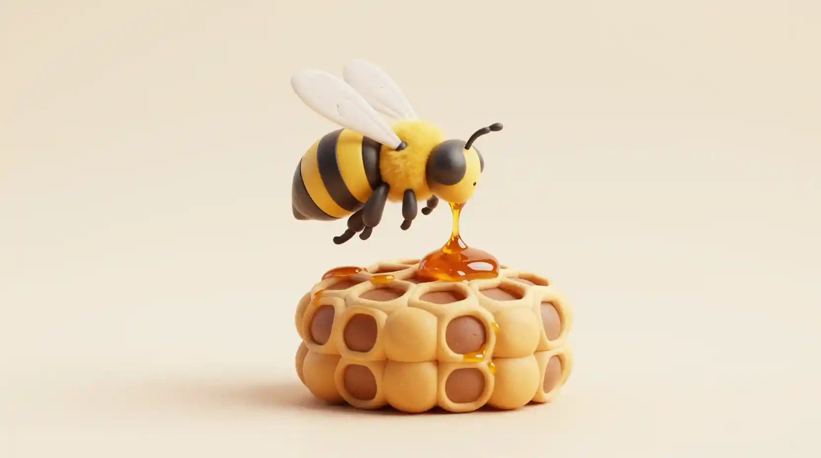A honeybee hovers above glossy honeycomb in a playful 3D scene