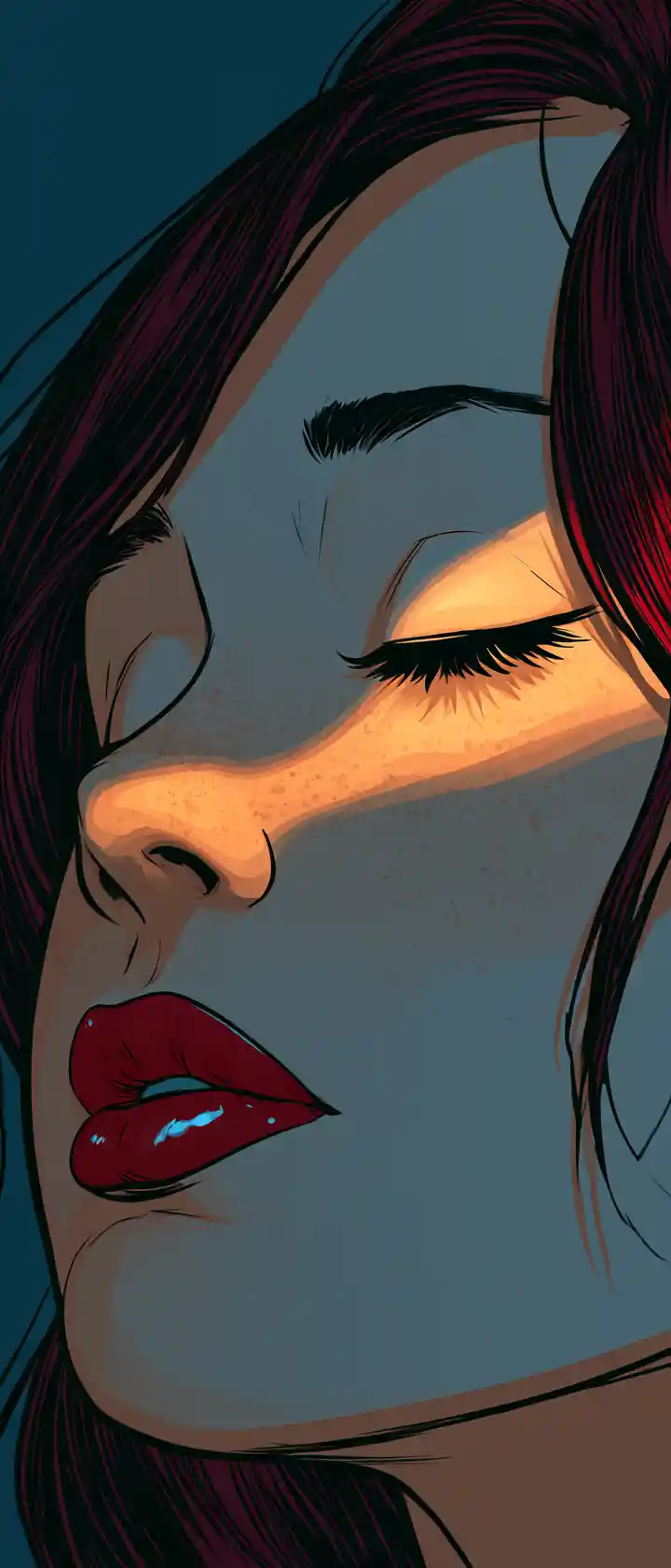 A serene woman's close-up portrait with crimson hair and glossy red lips
