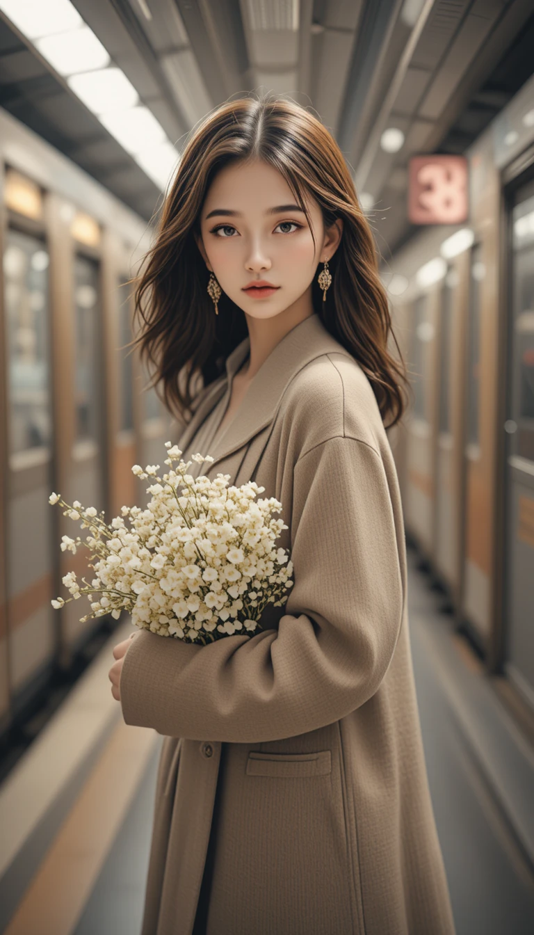 Young woman carries a white bouquet on a subway platform
