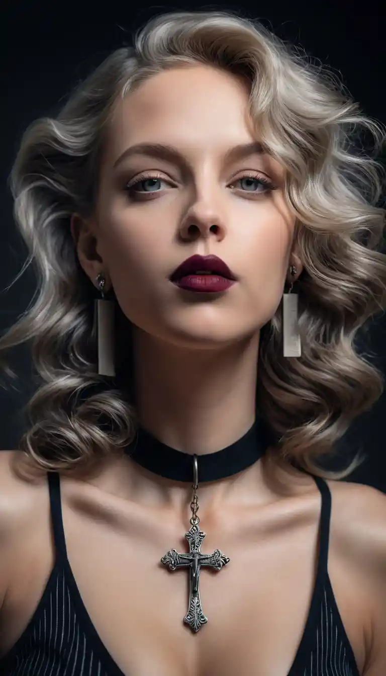 A platinum blonde woman in gothic fashion with crimped hair