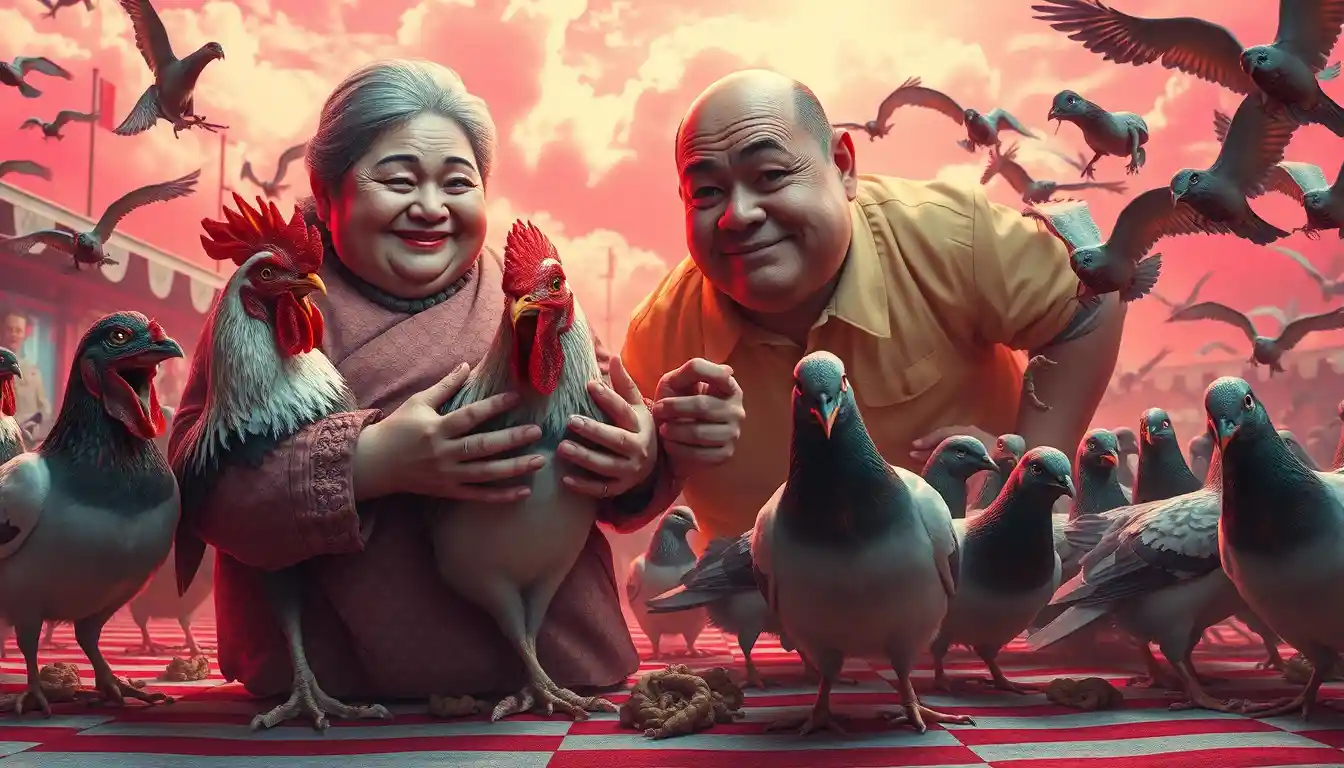 An elderly woman gently cupping three sharp-toothed roosters under a neon sky